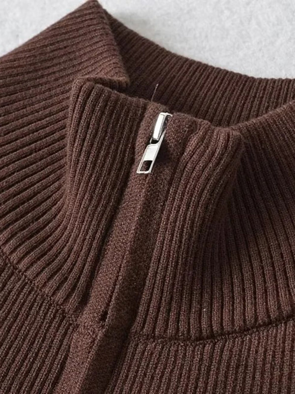 Iris Women's New Double-Ended Zipper Striped Waisted Curved Long-Sleeved Knitted Cardigan Jacket