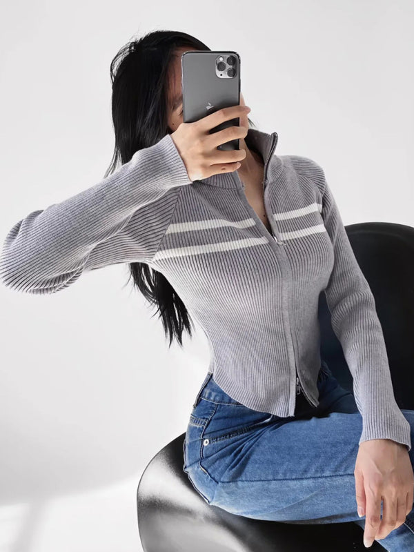Iris Women's New Double-Ended Zipper Striped Waisted Curved Long-Sleeved Knitted Cardigan Jacket