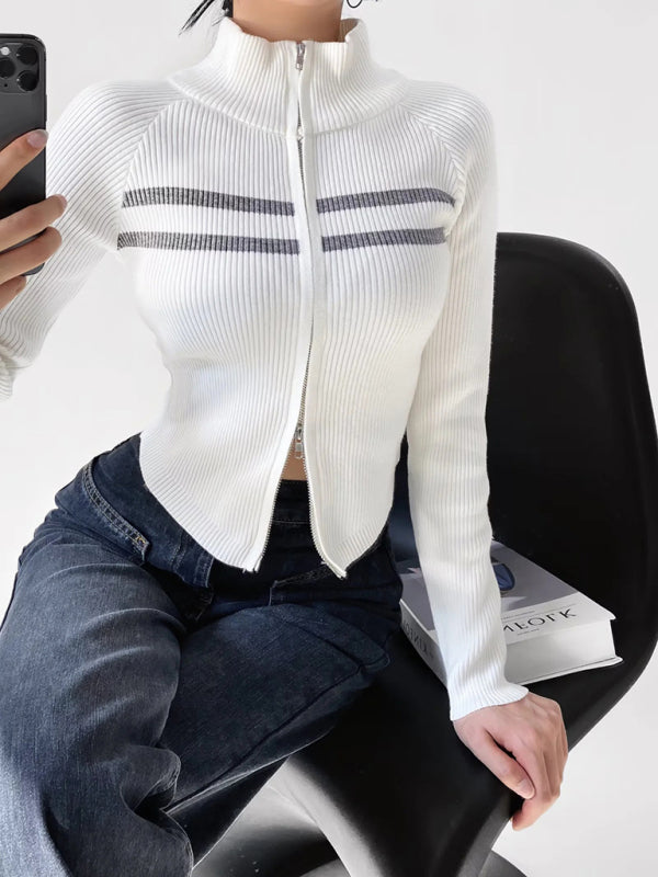 Iris Women's New Double-Ended Zipper Striped Waisted Curved Long-Sleeved Knitted Cardigan Jacket