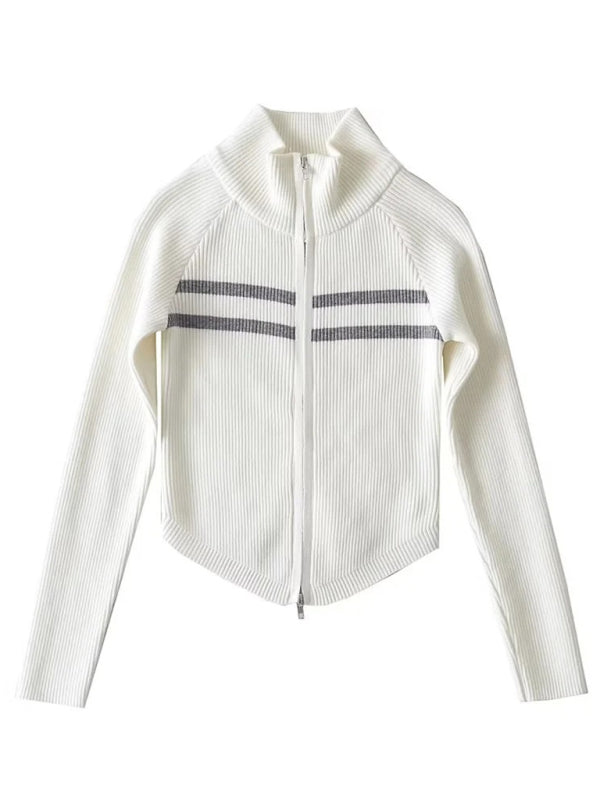 Iris Women's New Double-Ended Zipper Striped Waisted Curved Long-Sleeved Knitted Cardigan Jacket