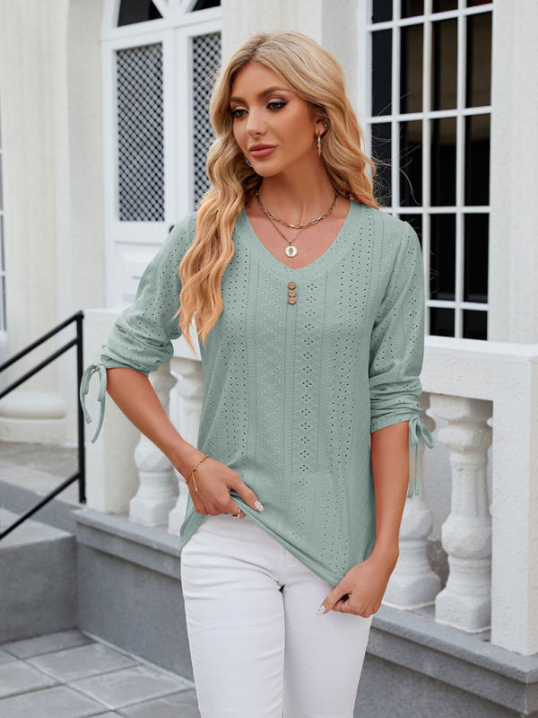 Avery Women's V-Neck Three-Quarter Sleeve Button Drawstring Loose T-Shirt Top