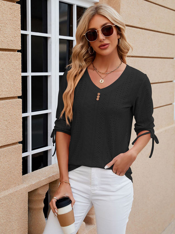 Avery Women's V-Neck Three-Quarter Sleeve Button Drawstring Loose T-Shirt Top