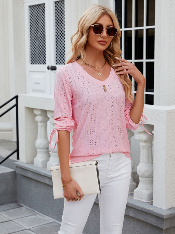 Avery Women's V-Neck Three-Quarter Sleeve Button Drawstring Loose T-Shirt Top