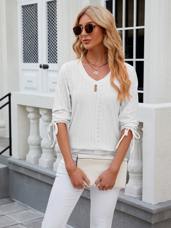 Avery Women's V-Neck Three-Quarter Sleeve Button Drawstring Loose T-Shirt Top