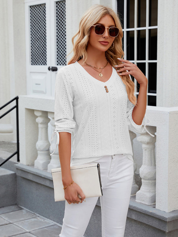Avery Women's V-Neck Three-Quarter Sleeve Button Drawstring Loose T-Shirt Top