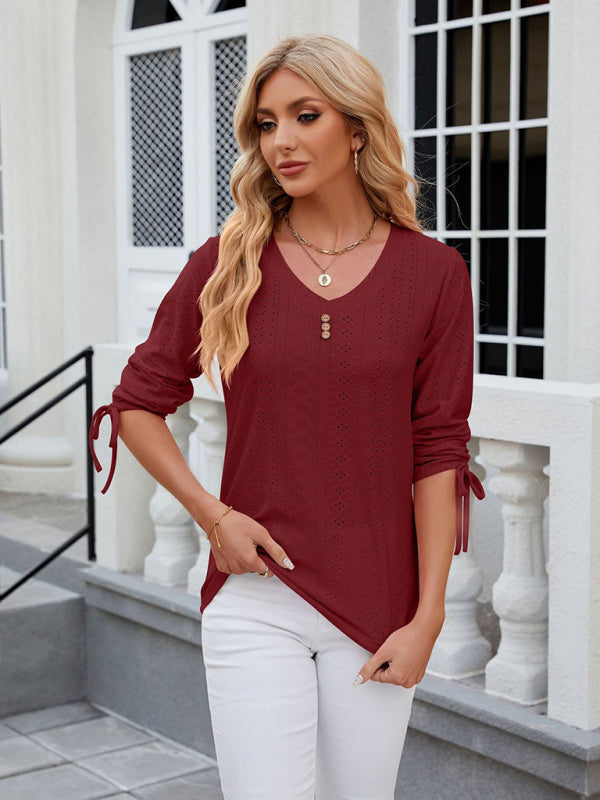 Avery Women's V-Neck Three-Quarter Sleeve Button Drawstring Loose T-Shirt Top
