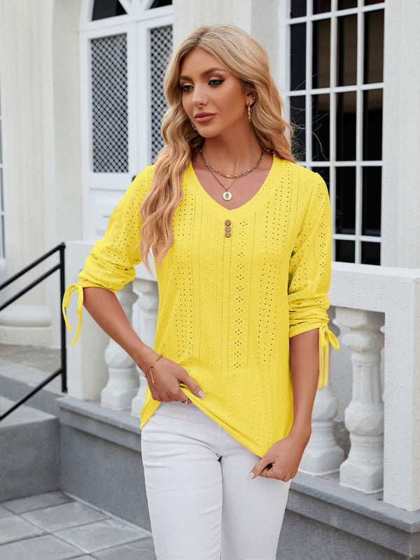 Avery Women's V-Neck Three-Quarter Sleeve Button Drawstring Loose T-Shirt Top