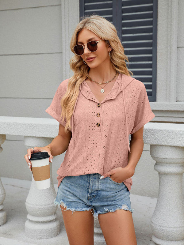 Alexandria Women's Buttoned Hooded Drawstring Short-Sleeved T-Shirt Top