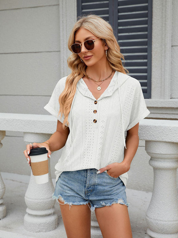 Alexandria Women's Buttoned Hooded Drawstring Short-Sleeved T-Shirt Top