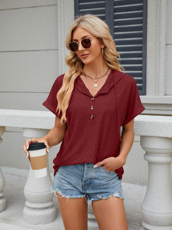 Alexandria Women's Buttoned Hooded Drawstring Short-Sleeved T-Shirt Top
