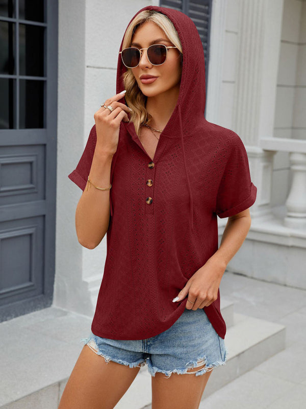 Alexandria Women's Buttoned Hooded Drawstring Short-Sleeved T-Shirt Top