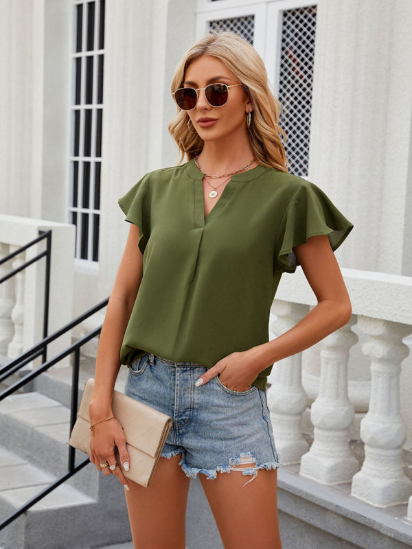 Dahliana V-Neck Flying Sleeve Solid Color Short-Sleeved Chiffon Loose Top