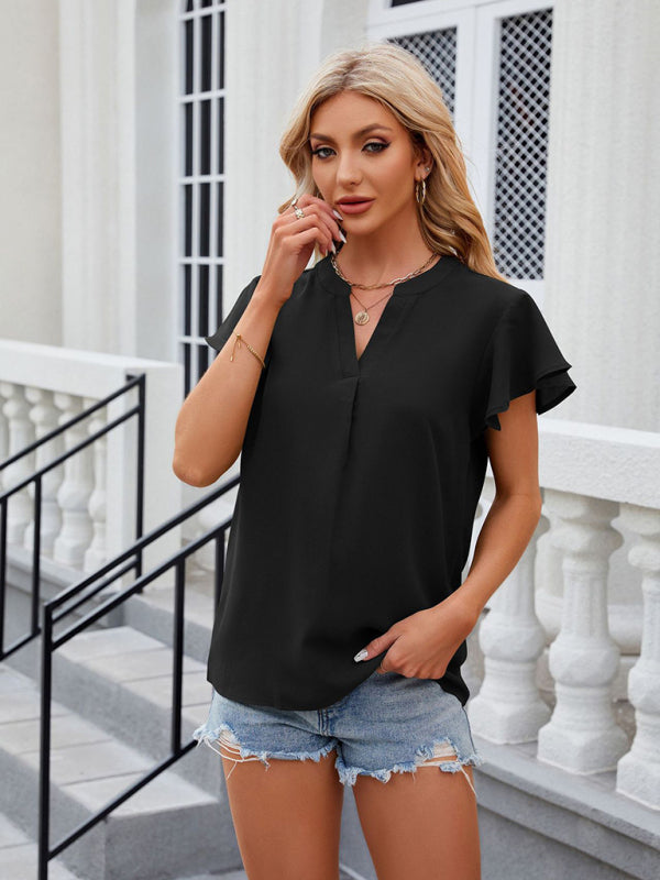 Dahliana V-Neck Flying Sleeve Solid Color Short-Sleeved Chiffon Loose Top