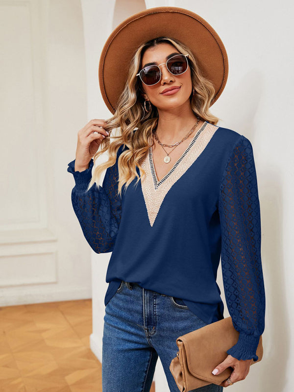 Coralie V-Neck Lace Patchwork Hollow Long-Sleeved Loose Top T-Shirt