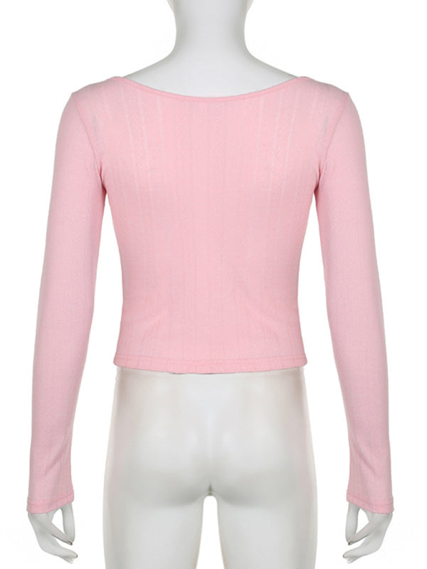Coral Women's Casual Bow Lace Hollow Slim Long-Sleeved Top