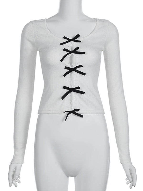 Coral Women's Casual Bow Lace Hollow Slim Long-Sleeved Top