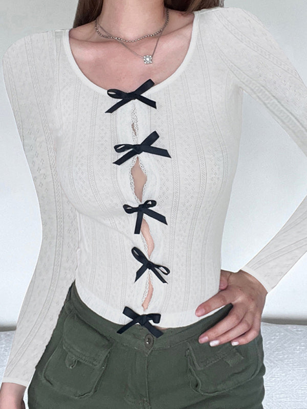 Coral Women's Casual Bow Lace Hollow Slim Long-Sleeved Top
