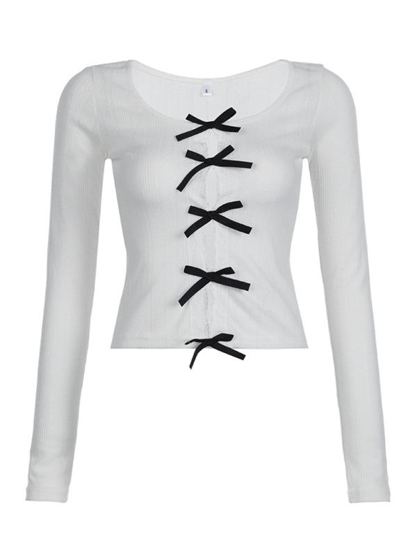 Coral Women's Casual Bow Lace Hollow Slim Long-Sleeved Top