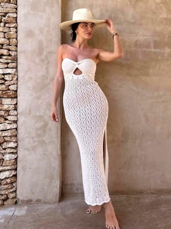 Rylee New Fashion Woman Tube Top Open Mesh Hollow Knitted Elastic Hip-Covering Hot Girl Dress