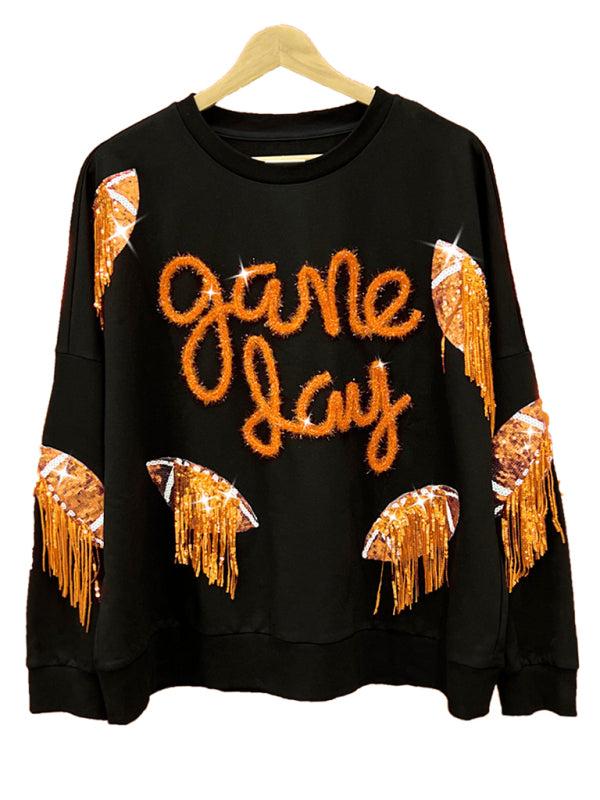 Janae Women's Rugby Tassel Sequin Crew Neck Sweatshirt