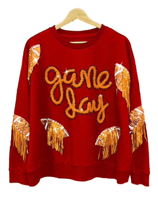 Janae Women's Rugby Tassel Sequin Crew Neck Sweatshirt