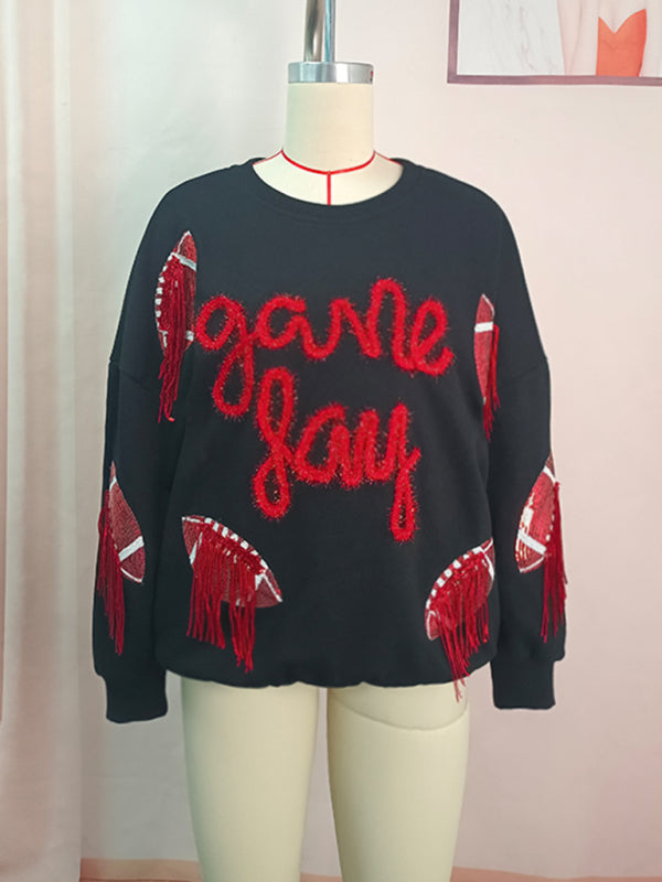 Janae Women's Rugby Tassel Sequin Crew Neck Sweatshirt