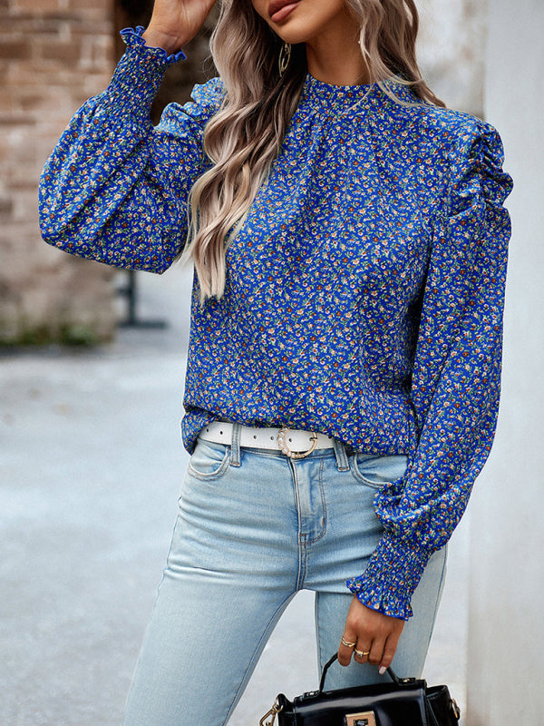 Ephina Women's Printed Turtleneck Puff Sleeve Top Blouse
