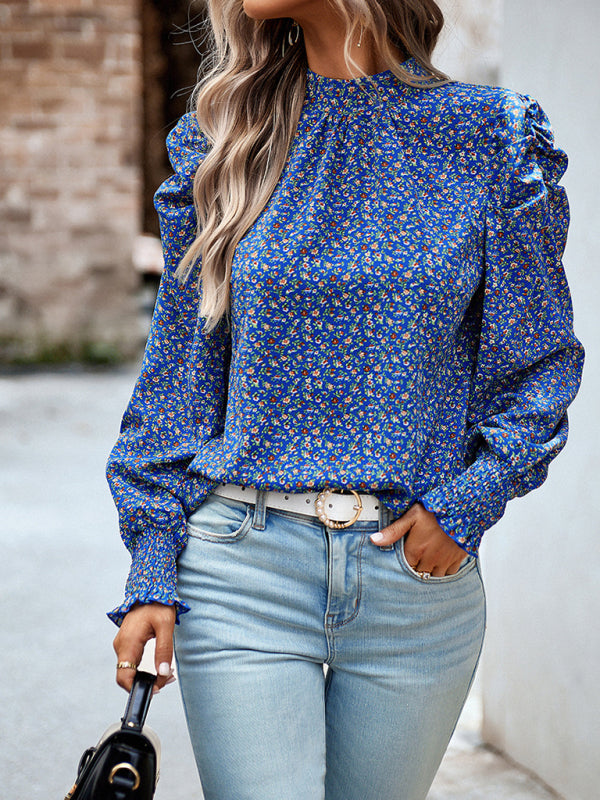 Ephina Women's Printed Turtleneck Puff Sleeve Top Blouse