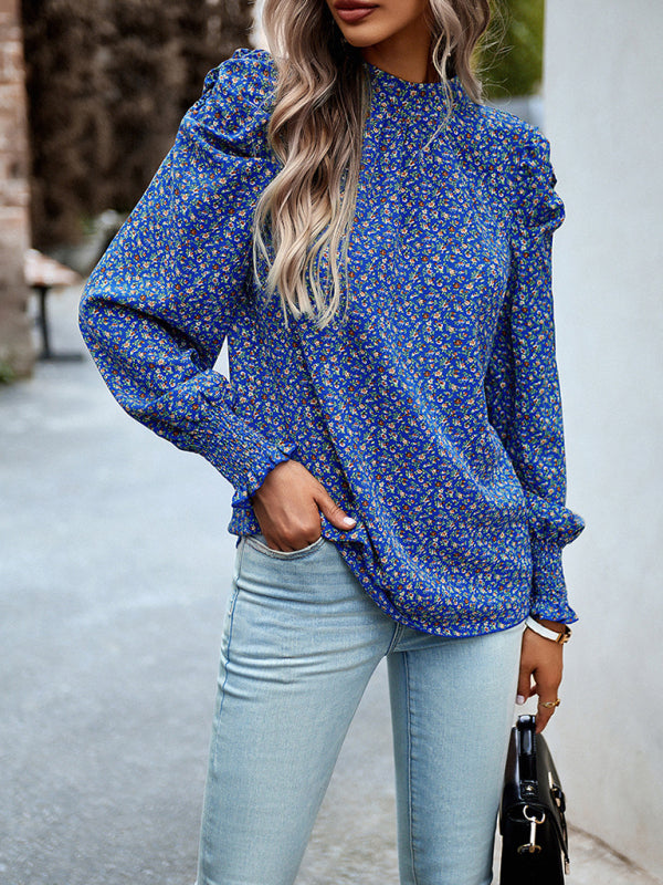 Ephina Women's Printed Turtleneck Puff Sleeve Top Blouse
