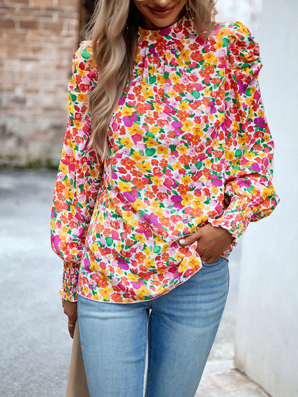 Ephina Women's Printed Turtleneck Puff Sleeve Top Blouse