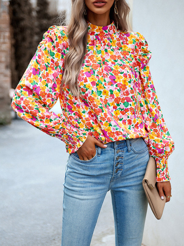 Ephina Women's Printed Turtleneck Puff Sleeve Top Blouse