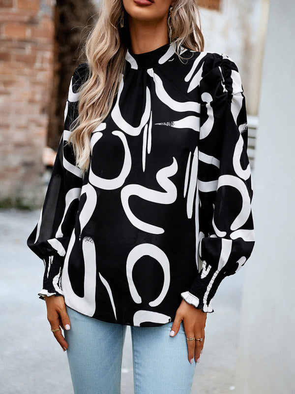 Ephina Women's Printed Turtleneck Puff Sleeve Top Blouse