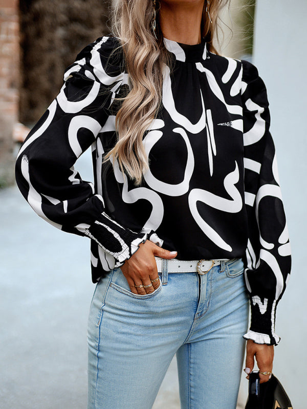 Ephina Women's Printed Turtleneck Puff Sleeve Top Blouse