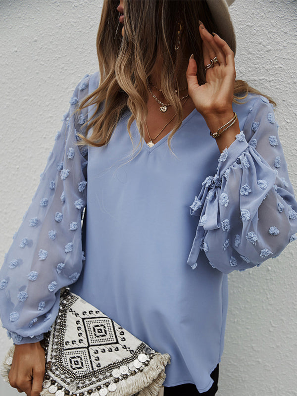 Enid Women's Elegant V-Neck Puff Sleeve Shirt
