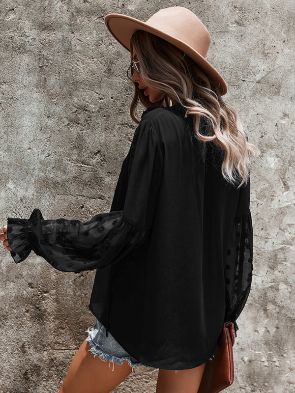 Emry Women's Elegant Lace Stand Collar Puff Sleeve Shirt