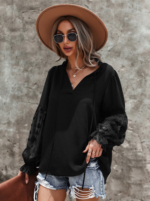 Emry Women's Elegant Lace Stand Collar Puff Sleeve Shirt