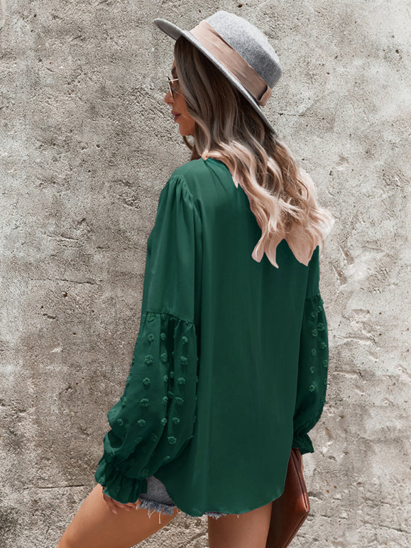 Emry Women's Elegant Lace Stand Collar Puff Sleeve Shirt