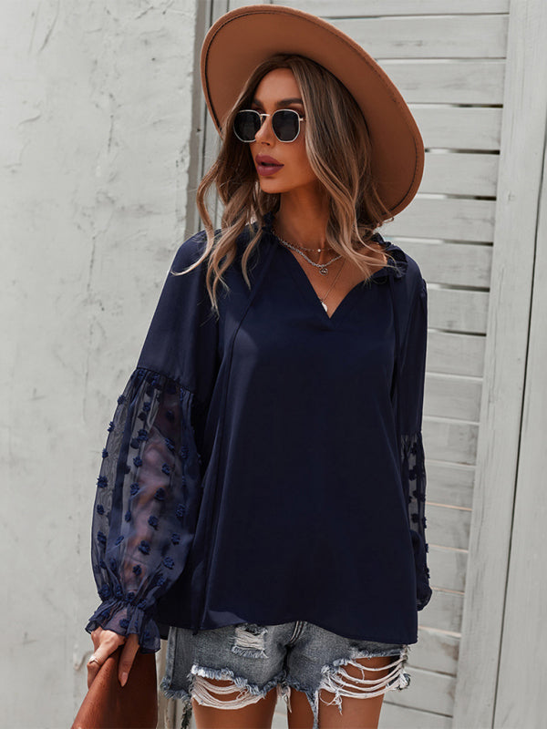 Emry Women's Elegant Lace Stand Collar Puff Sleeve Shirt