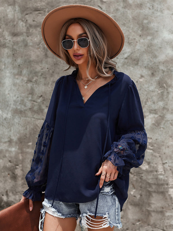 Emry Women's Elegant Lace Stand Collar Puff Sleeve Shirt