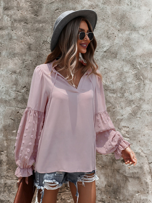 Emry Women's Elegant Lace Stand Collar Puff Sleeve Shirt
