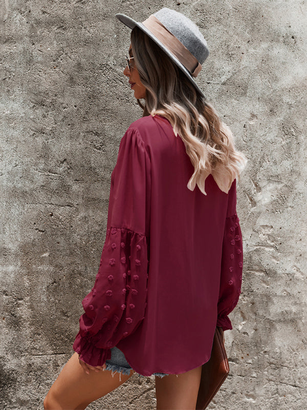 Emry Women's Elegant Lace Stand Collar Puff Sleeve Shirt