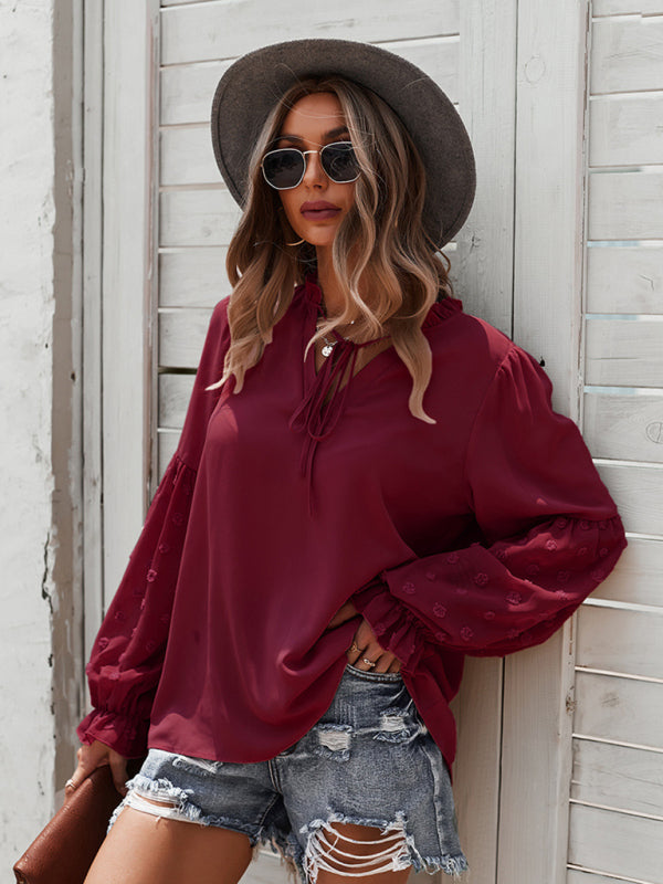 Emry Women's Elegant Lace Stand Collar Puff Sleeve Shirt