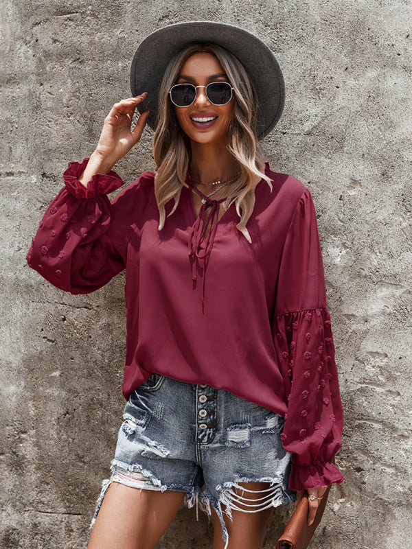 Emry Women's Elegant Lace Stand Collar Puff Sleeve Shirt
