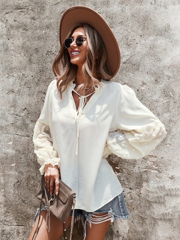 Emry Women's Elegant Lace Stand Collar Puff Sleeve Shirt