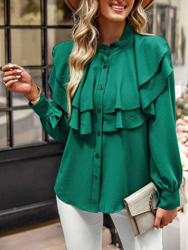 Emeliana Women's Elegant Ruffled Stand-Collar Button-Down Shirt