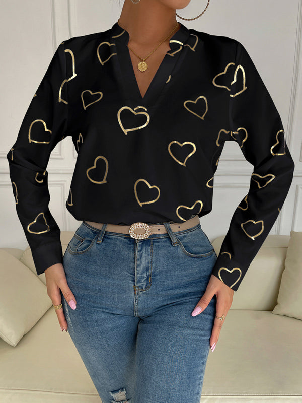 Elva Women's Love Stamping Elegant V-Neck Shirt