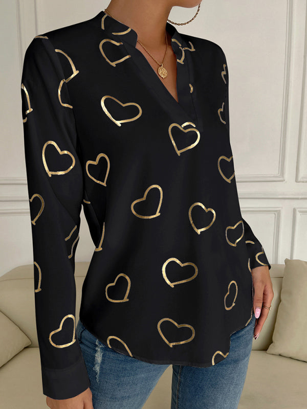 Elva Women's Love Stamping Elegant V-Neck Shirt