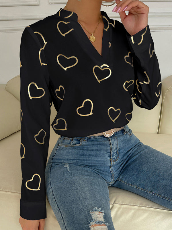 Elva Women's Love Stamping Elegant V-Neck Shirt