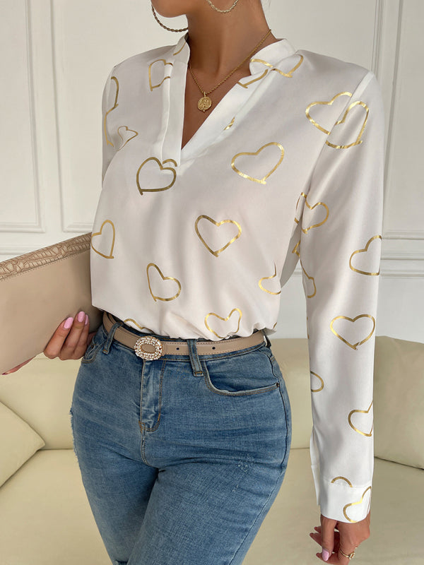 Elva Women's Love Stamping Elegant V-Neck Shirt