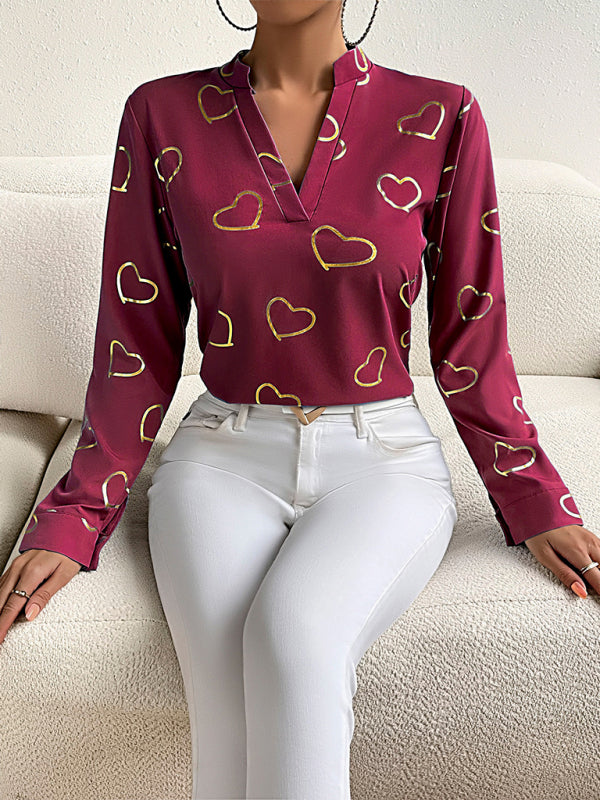 Elva Women's Love Stamping Elegant V-Neck Shirt